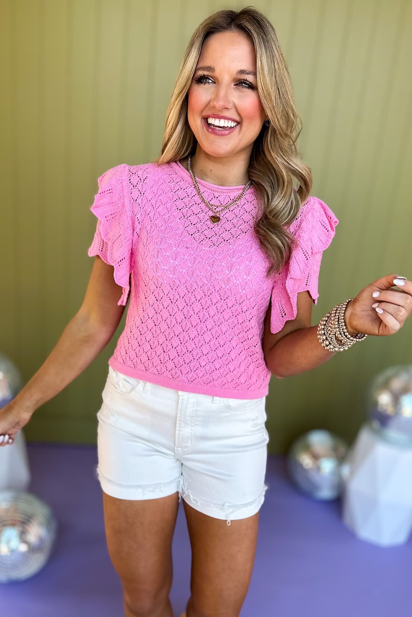  Pink Ruffle Shoulder Detail Short Sleeve Sweater, sweater top, pink top, must have top, must have style, office style, spring fashion, elevated style, elevated top, mom style, work top, shop style your senses by mallory fitzsimmons, ssys by mallory fitzsimmons