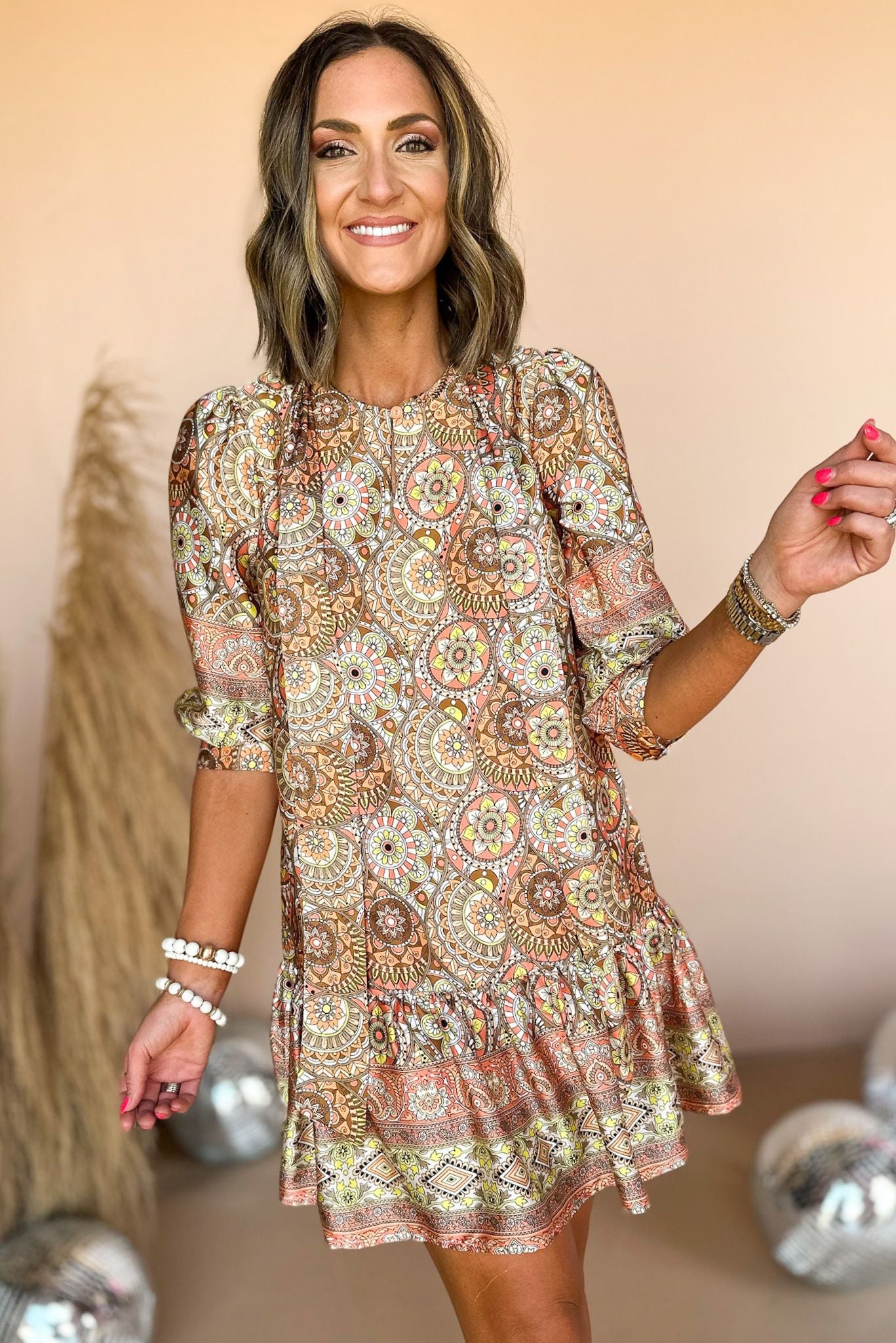 Brown Aztec Printed Collared Tie Neck Tiered Dress, printed dress, fall dress, transition piece, must have, fall piece, fall style, mom style, elevated style, shop style your senses by mallory fitzsimmons