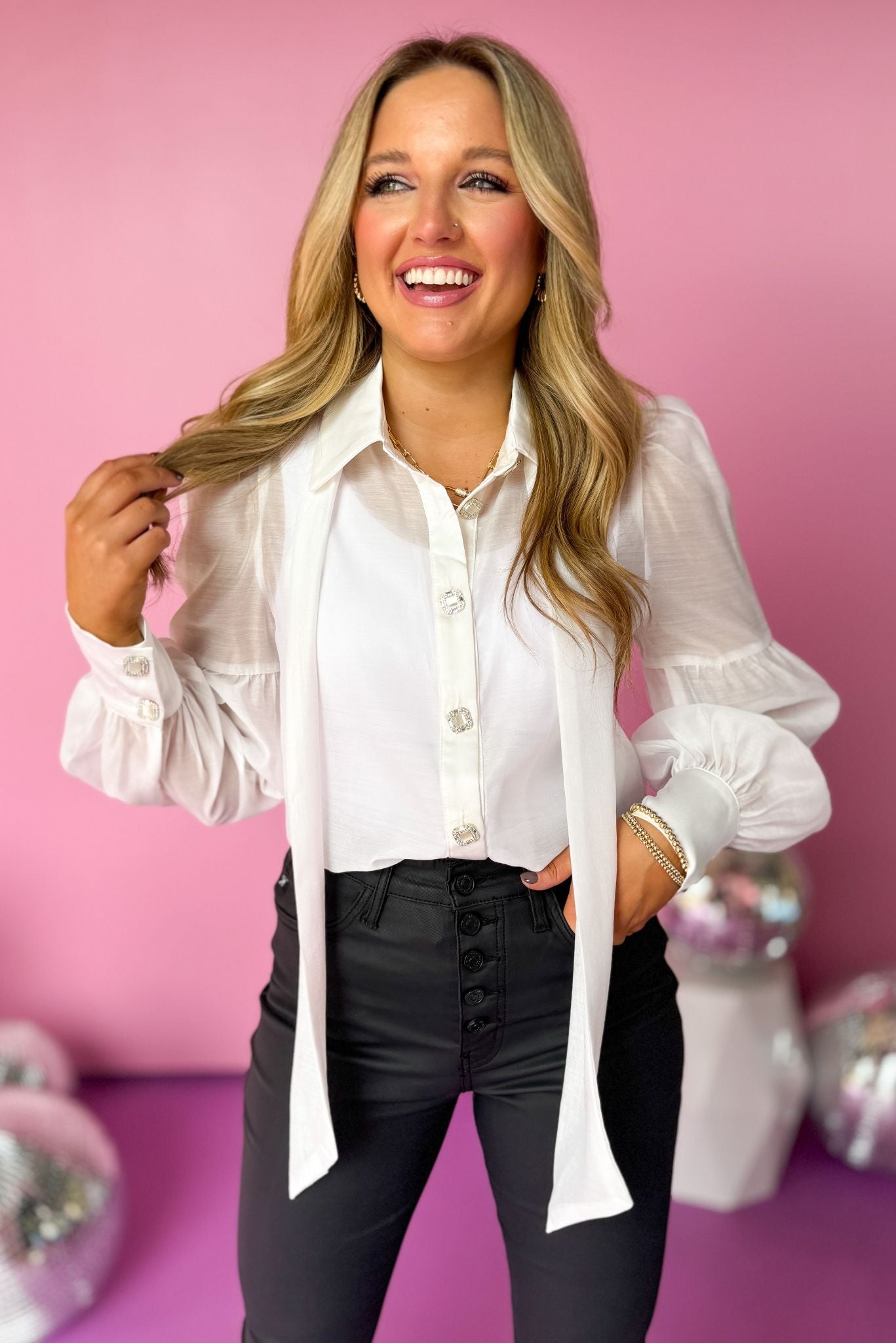White Tie Neck Embellished Button Front Top, must have top, must have style, fall style, fall fashion, elevated style, elevated top, mom style, fall collection, fall top, shop style your senses by mallory fitzsimmons
