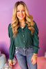 Hunter Green Button Front Gathered Detail Long Sleeve Top, must have top, must have style, office style, winter fashion, elevated style, elevated top, mom style, work top, shop style your senses by mallory fitzsimmons