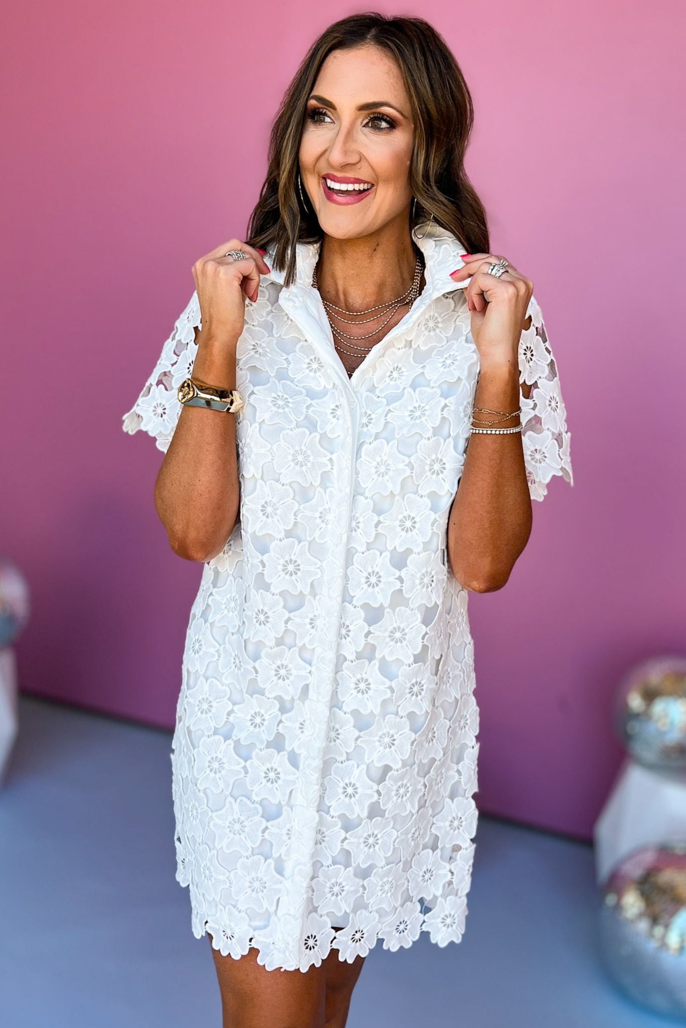 Off White Collared Button Down Floral Crochet Lace Dress, lace dress, must have dress, must have dress, must have style, brunch style, spring fashion, elevated style, elevated dress, mom style, shop style your senses by mallory fitzsimmons, ssys by mallory fitzsimmons