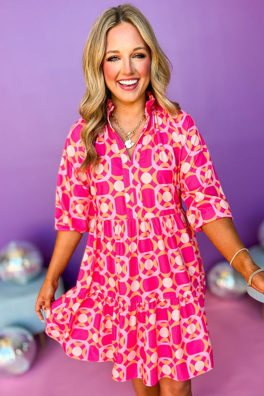 SSYS The Mix Print Tatum Dress In Hot Pink Geometric, ssys the label, ssys dress, must have dress, elevated dress, printed dress, mix print dress, mom style, church dress, weekend dress, brunch dress, shop style your senses by Mallory Fitzsimmons, ssys by Mallory Fitzsimmons 