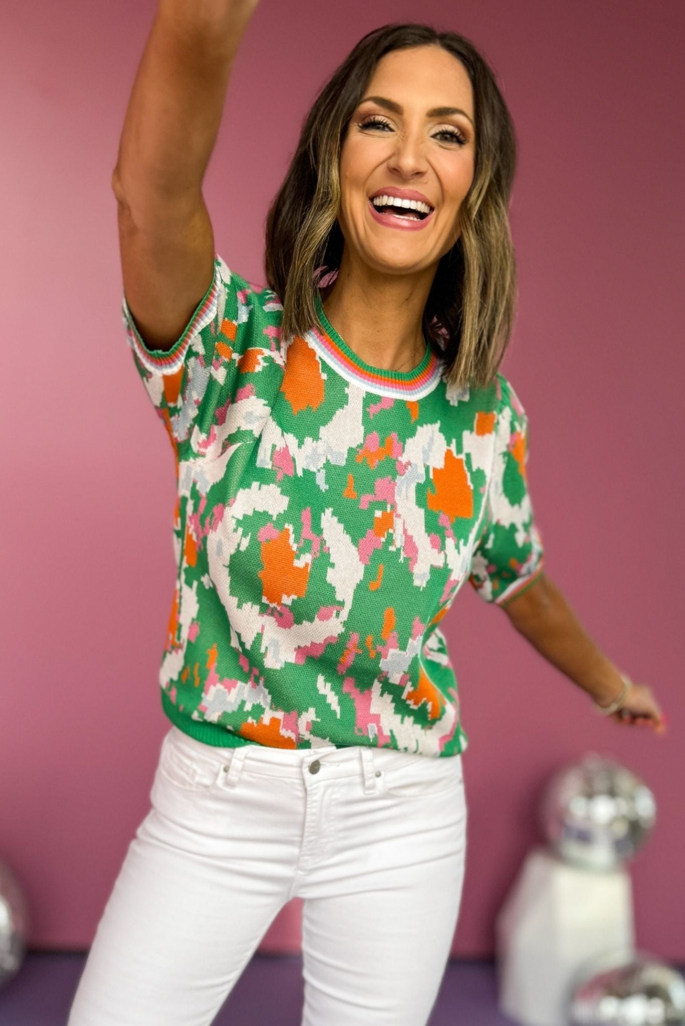 Green Print Contrast Stripe U Neck Short Bubble Sleeve Top, printed top, must have top, must have style, office style, spring fashion, elevated style, elevated top, mom style, work top, shop style your senses by mallory fitzsimmons, ssys by mallory fitzsimmons