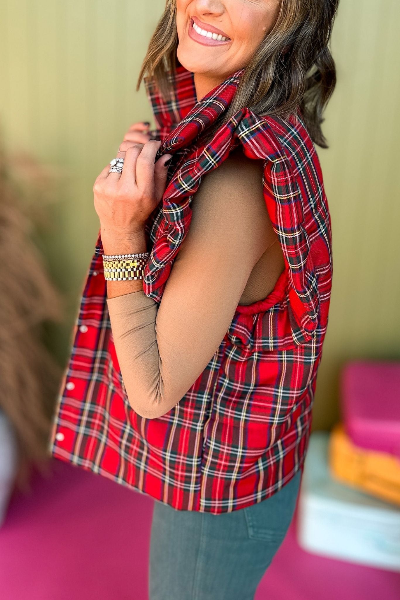 Red Plaid Ruffle Shoulder Vest, mus have vest, must have style, plaid vest, fall fashion, fall style, fall vest, affordable fashion, mom style, elevated style, elevated vest, ruffle shoulder, shop style your senses by mallory fitzsimmons