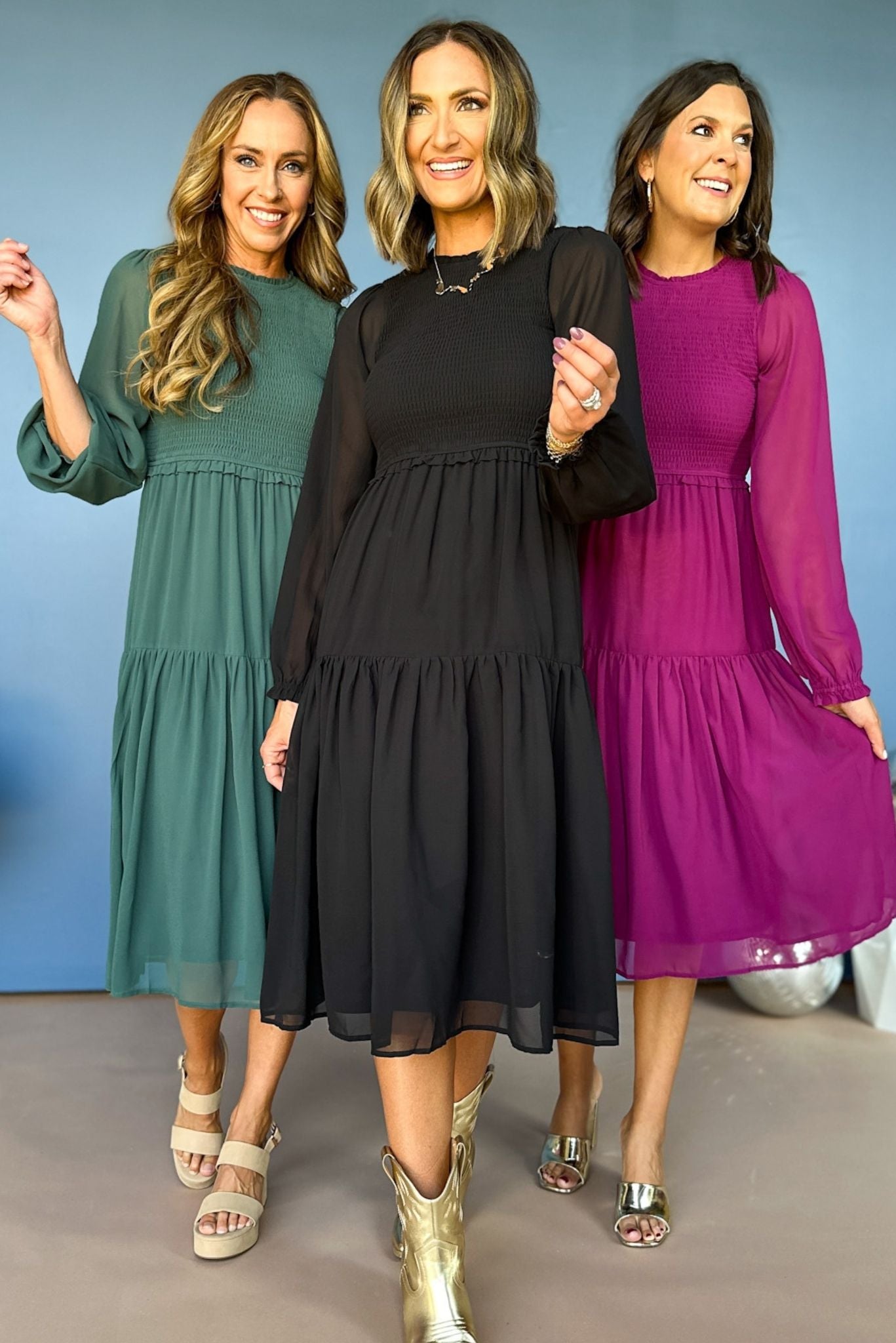 Teal Smocked Bodice Tiered Long Sleeve Midi Dress, must have dress, must have style, must have fall, fall style, fall dress, elevated style, chic style, mom style, shop style your senses by mallory fitzsimmons