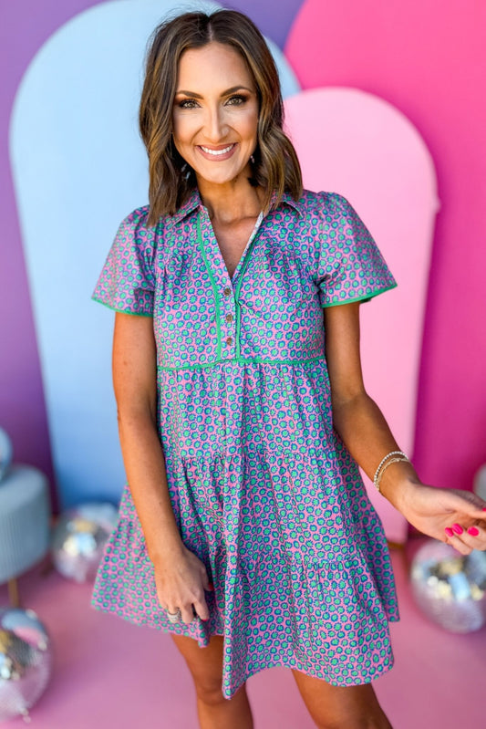 Green Floral Printed V Neck Contrast Piping Button Front Dress, must have dress, must have style, brunch style, spring fashion, elevated style, elevated dress, mom style, shop style your senses by mallory fitzsimmons, ssys by mallory fitzsimmons