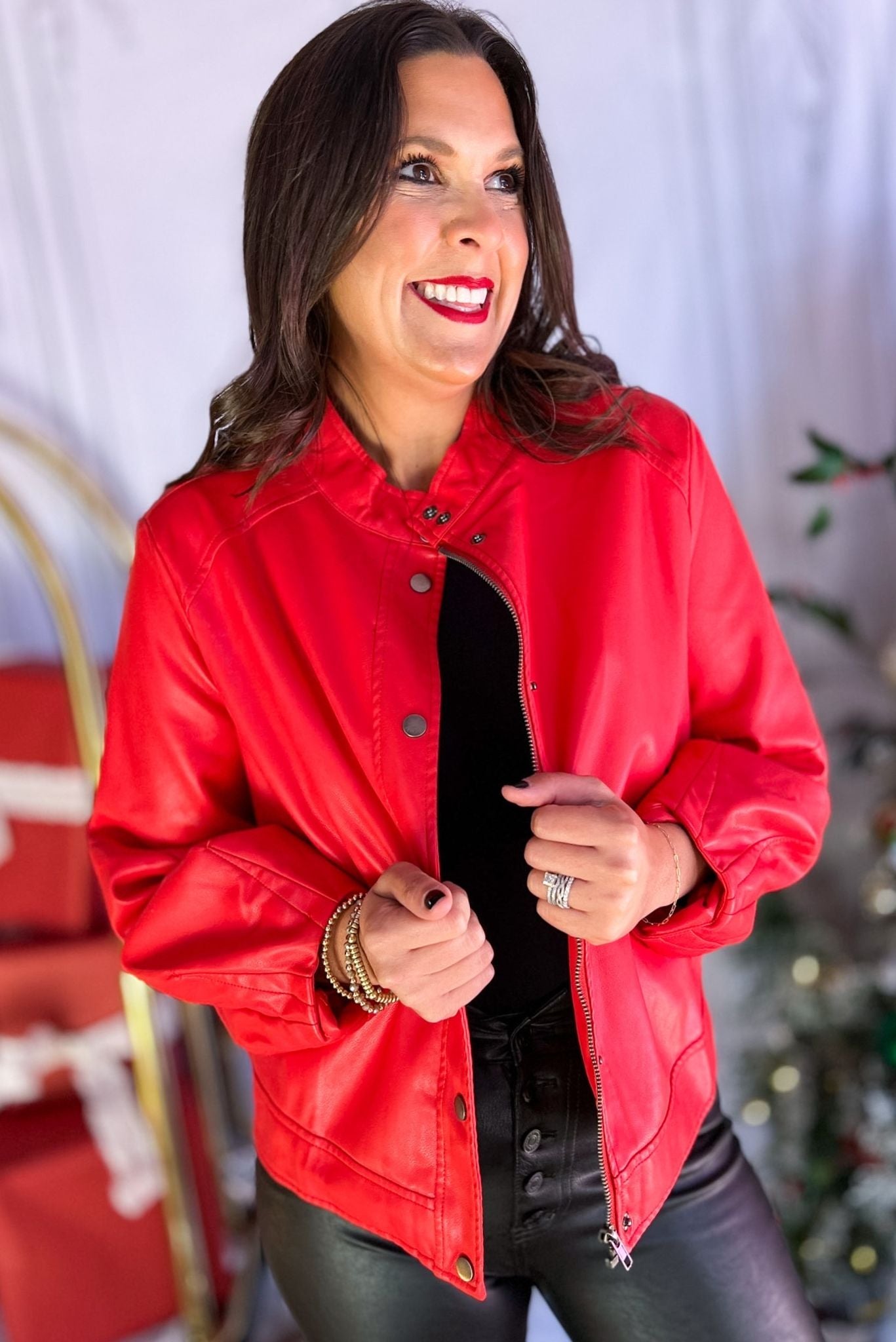  Red Collared Faux Leather Balloon Sleeve Jacket, must have jacket, must have style, elevated jacket, elevated style, holiday style, holiday fashion, elevated holiday, holiday collection, affordable fashion, mom style, shop style your senses by mallory fitzsimmons