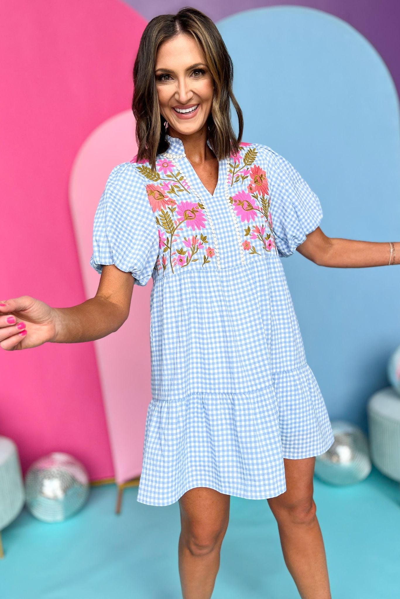 THML Blue Gingham Embroidered Detail Dress, gingham dress, thml dress, must have dress, must have style, brunch style, spring fashion, elevated style, elevated dress, mom style, shop style your senses by mallory fitzsimmons, ssys by mallory fitzsimmons