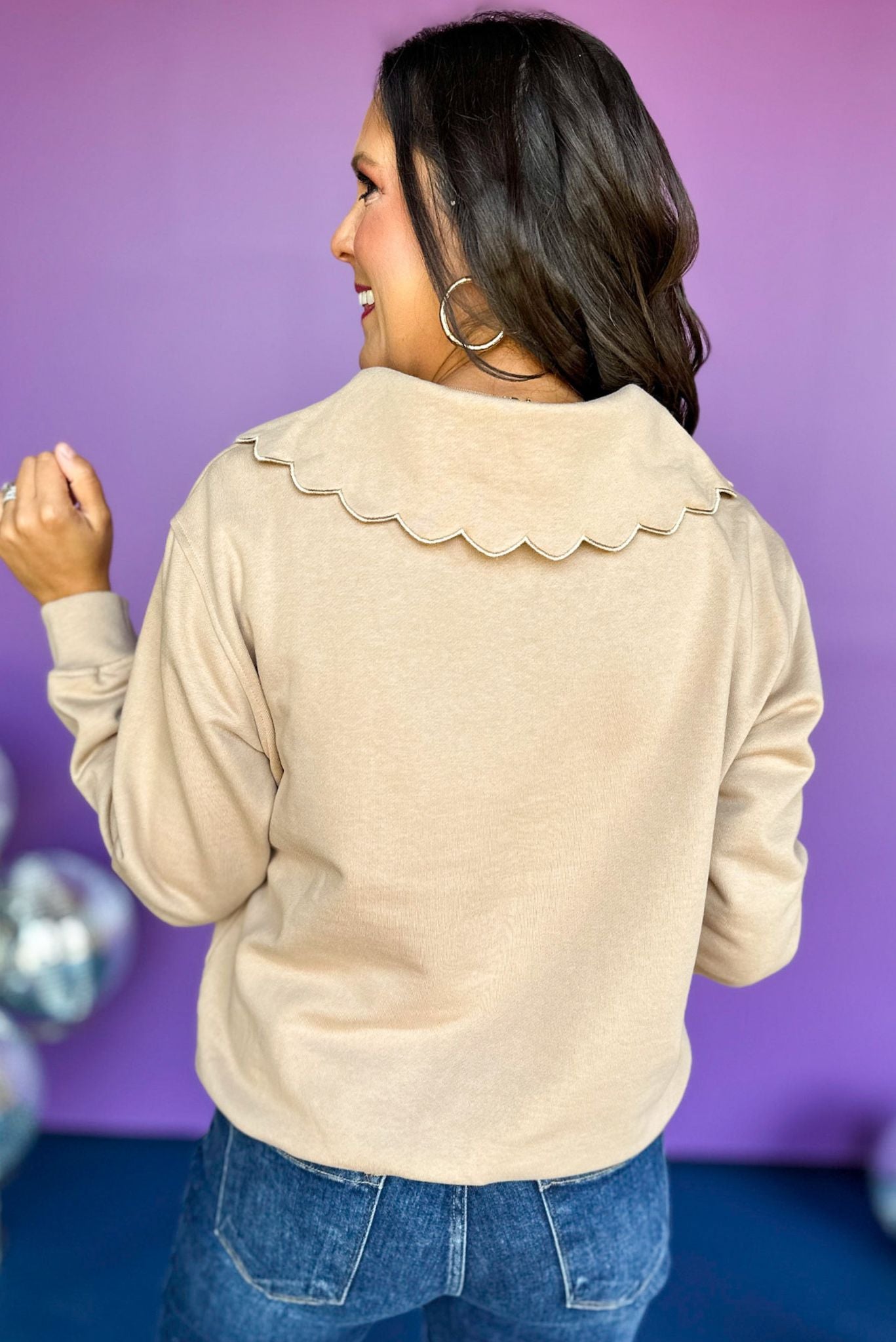 SSYS The Lucy Pullover In Taupe, elevated look, elevated style, must have style, must have top, fall top, fall style, mom style, scallop detail, ssys the label, shop style your senses by mallory fitzsimmons