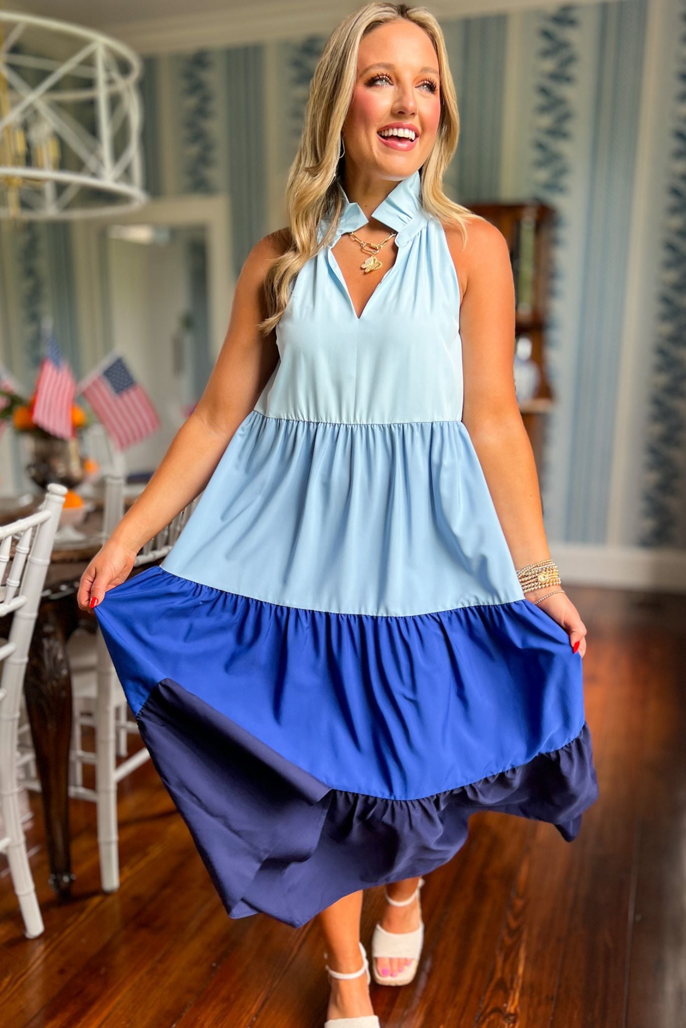 SSYS The Reagan Tiered Maxi Dress In Blue Colorblock, ssys top, ssys the label, elevated dress, must have dress, Fourth of July collection, must have style, mom style, summer style, shop style your senses by MALLORY FITZSIMMONS, ssys by MALLORY FITZSIMMONS