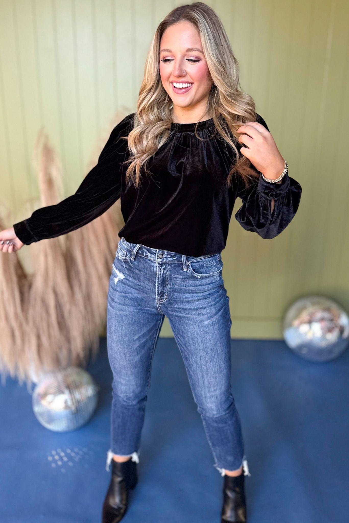 Black Velvet Long Peasant Sleeve Top *FINAL SALE* *Final Sale*, must have top, must have style, must have velvet, fall collection, fall fashion, elevated style, elevated top, mom style, fall style, shop style your senses by mallory fitzsimmons