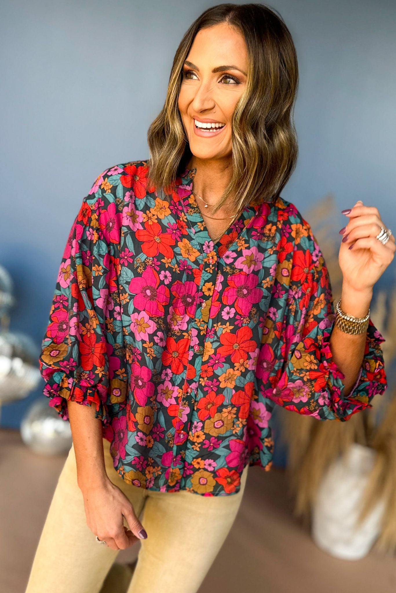 Integrated with Shopify Fuchsia Floral Printed Bubble Sleeve Top, elevated top, elevated style, must have top, must have print, fall style, fall top, floral top, must have style, mom style, shop style your senses by mallory fitzsimmons