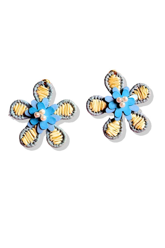 Blue Flower Raffia Earrings