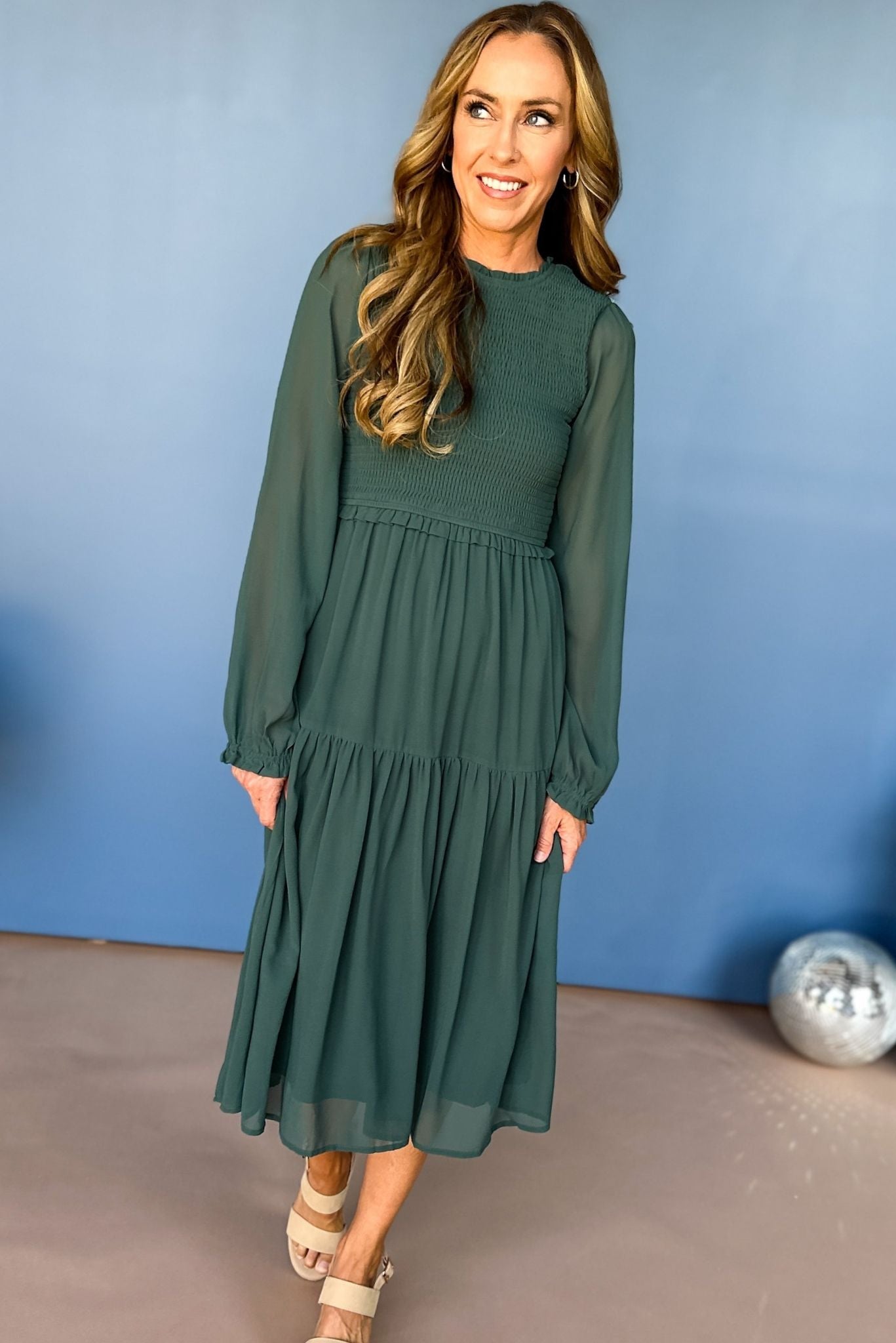 Teal Smocked Bodice Tiered Long Sleeve Midi Dress, must have dress, must have style, must have fall, fall style, fall dress, elevated style, chic style, mom style, shop style your senses by mallory fitzsimmons