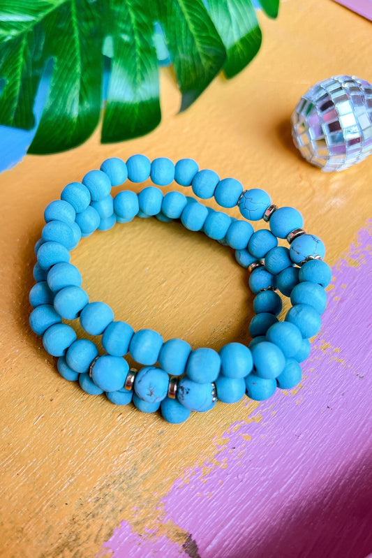 Turquoise Natural Stone Accented Wood Ball Stretch Bracelets, accessories, bracelets, shop style your senses by mallory fitzsimmons