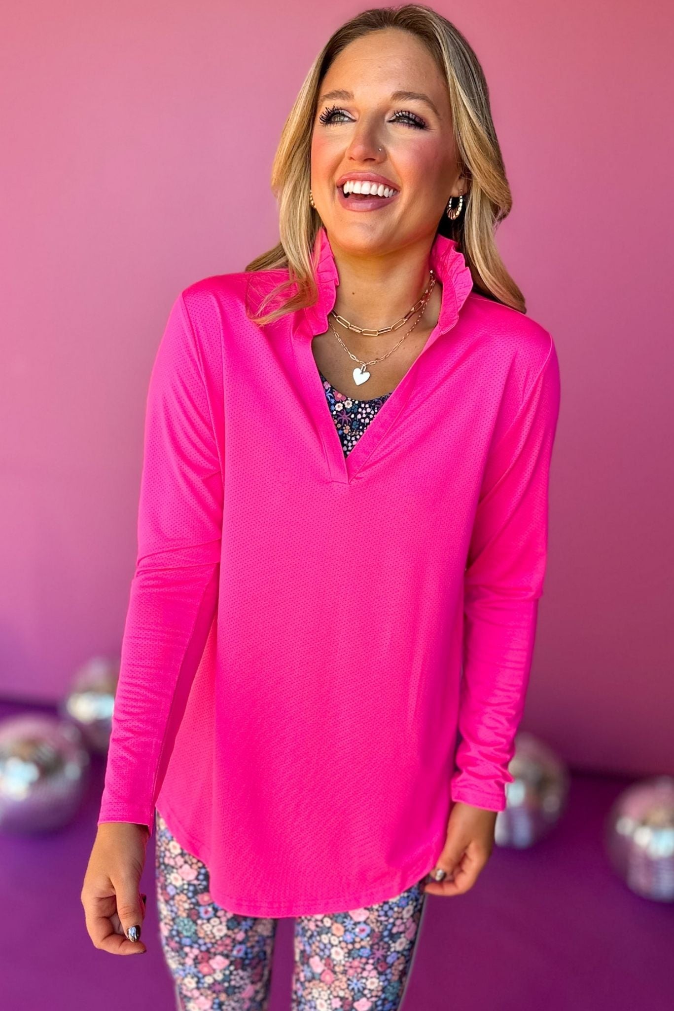 SSYS Hot Pink Long Sleeve Frill V Neck Active Top, must have top, must have athleisure, elevated style, elevated athleisure, mom style, active style, active wear, fall athleisure, fall style, comfortable style, elevated comfort, shop style your senses by mallory fitzsimmons