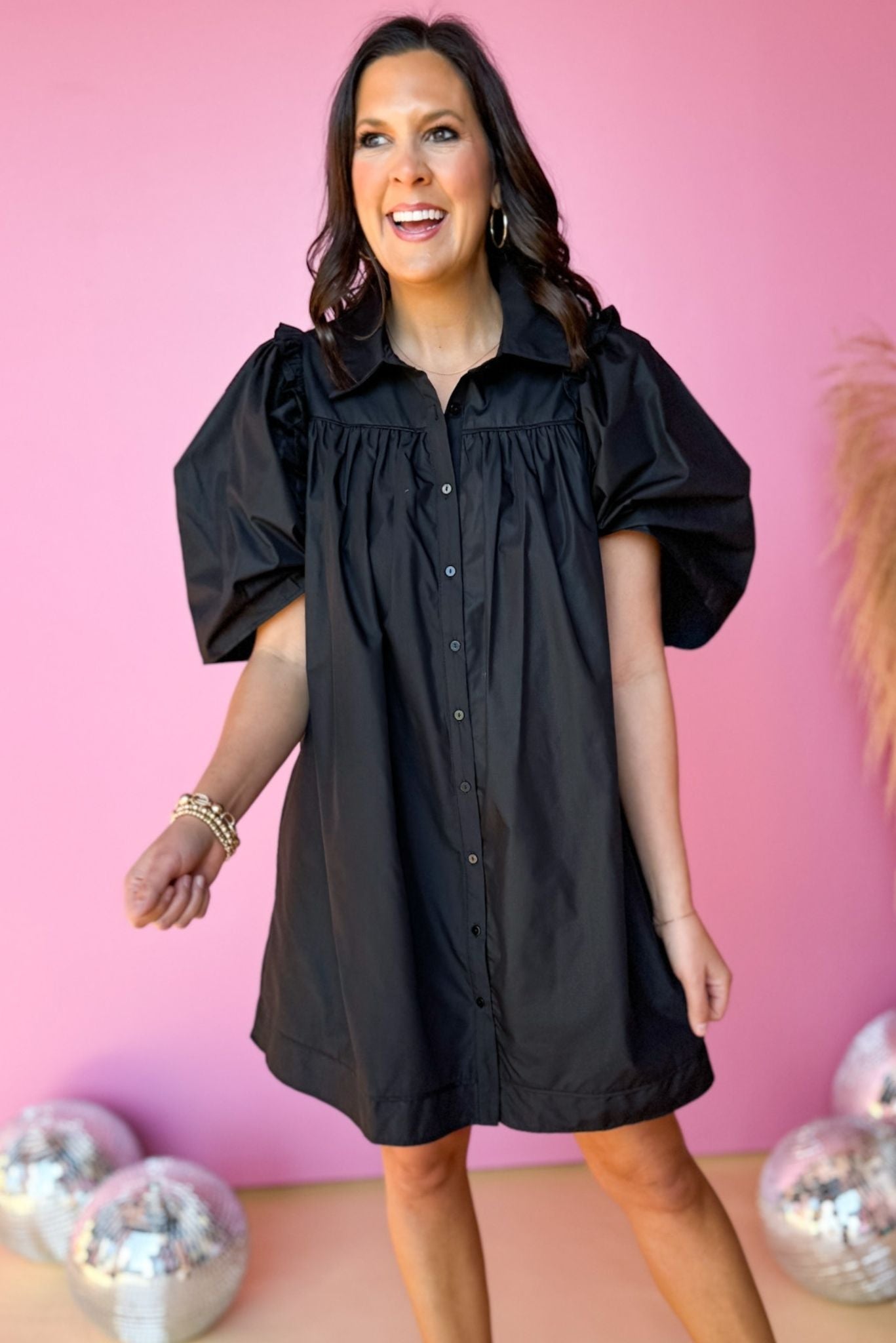 Black Poplin Collared Button Down Frill Puff Sleeve Dress, Western dress, western style, rodeo style, concert style, must have concert, must have style, elevated dress, elevated style, spring style, must have spring dress, mom style, shop style your senses by Mallory Fitzsimmons, says by Mallory Fitzsimmons