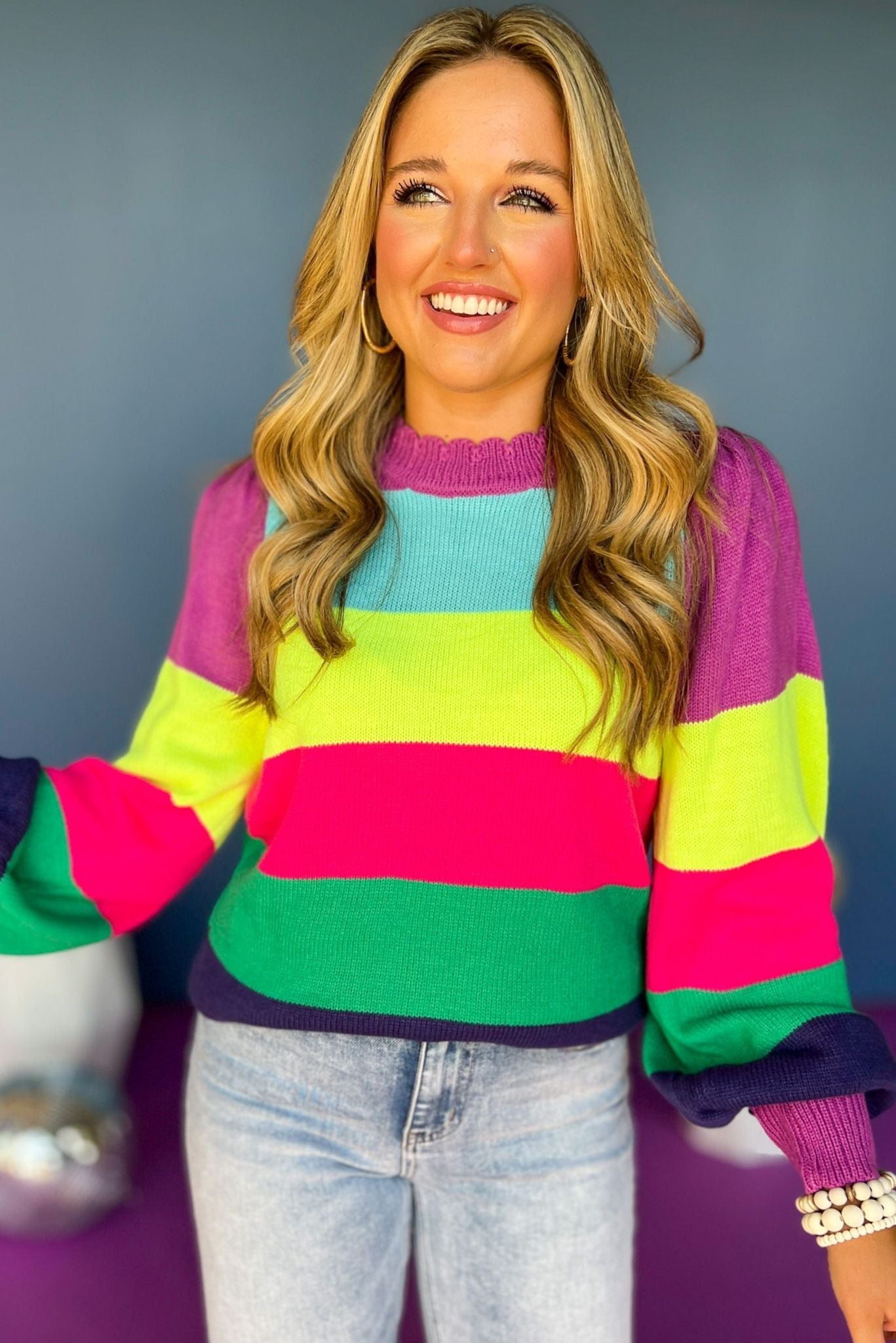 Magenta Mixed Stripe Scallop Neck Pullover Top, elevated sweater, elevated stye, must have sweater, must have style, printed sweater, fall sweater, fall fashion, mom style, shop style your senses by mallory fitzsimmons