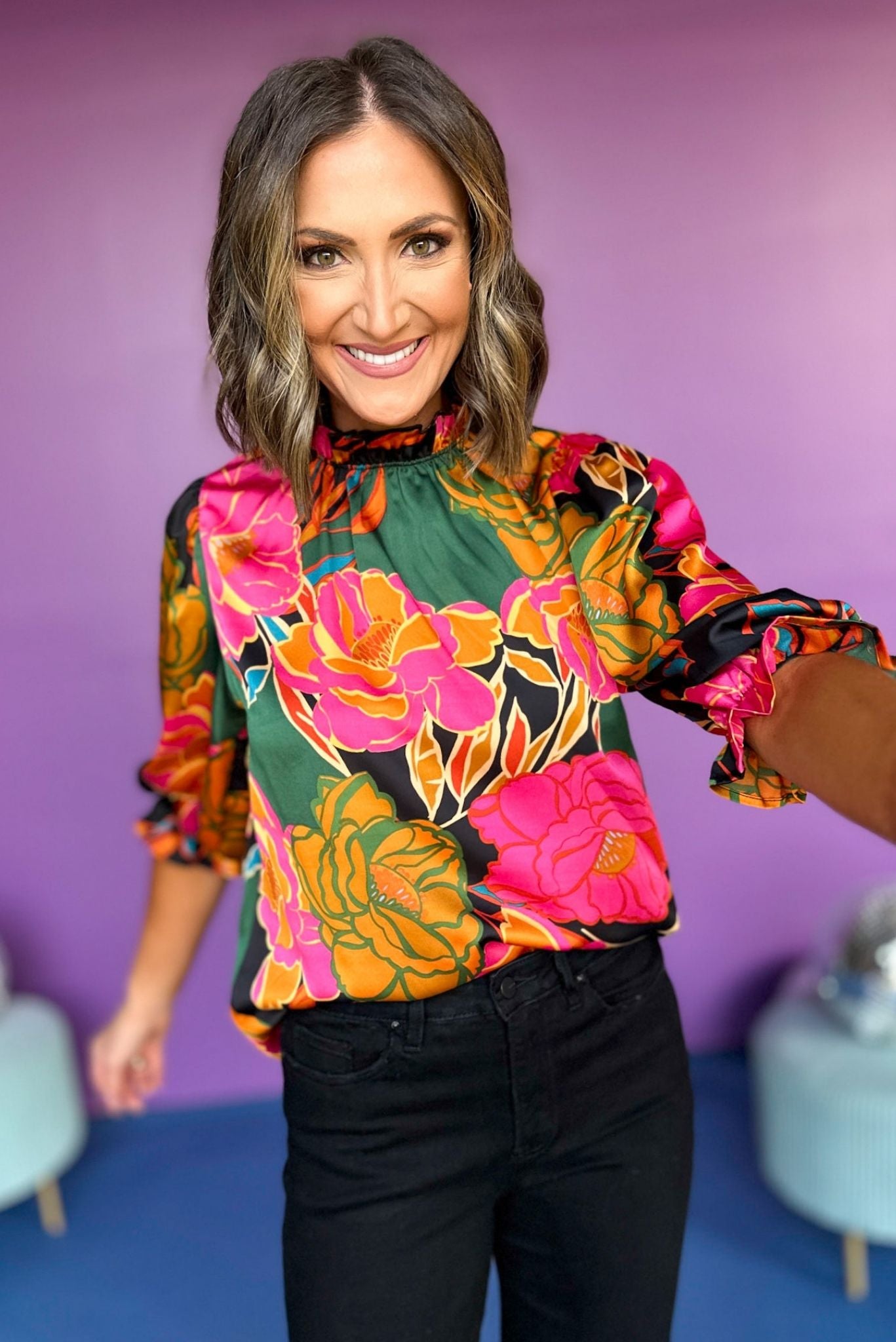 Black Floral Printed Frilled Mock Neck Top, must have top, must have style, must have fall, fall collection, fall fashion, elevated style, elevated top, mom style, fall style, shop style your senses by mallory fitzsimmons