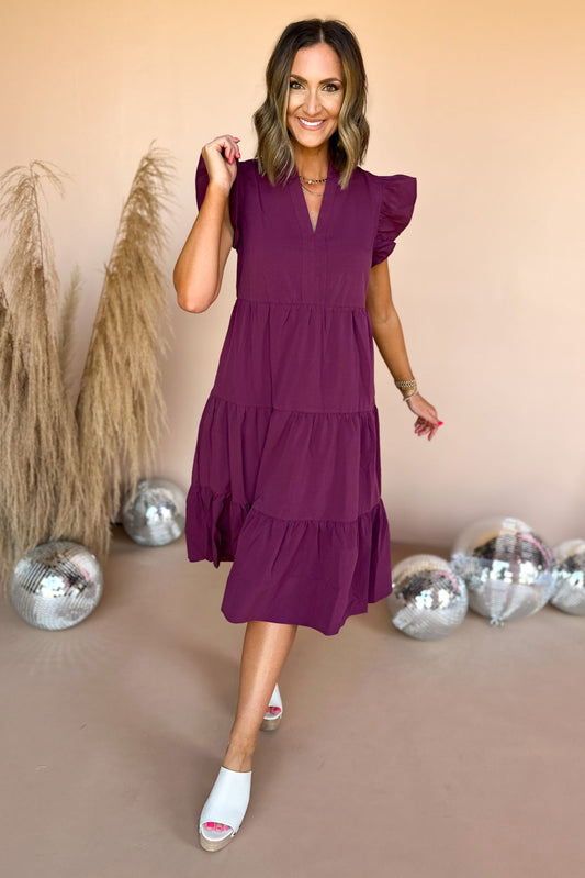  Eggplant V Neck Flutter Sleeve Tiered Midi Dress, fall dress, summer to fall, fall style, transitional dress, midi dress, mom style, elevated style, shop style your senses by mallory fitzsimmons