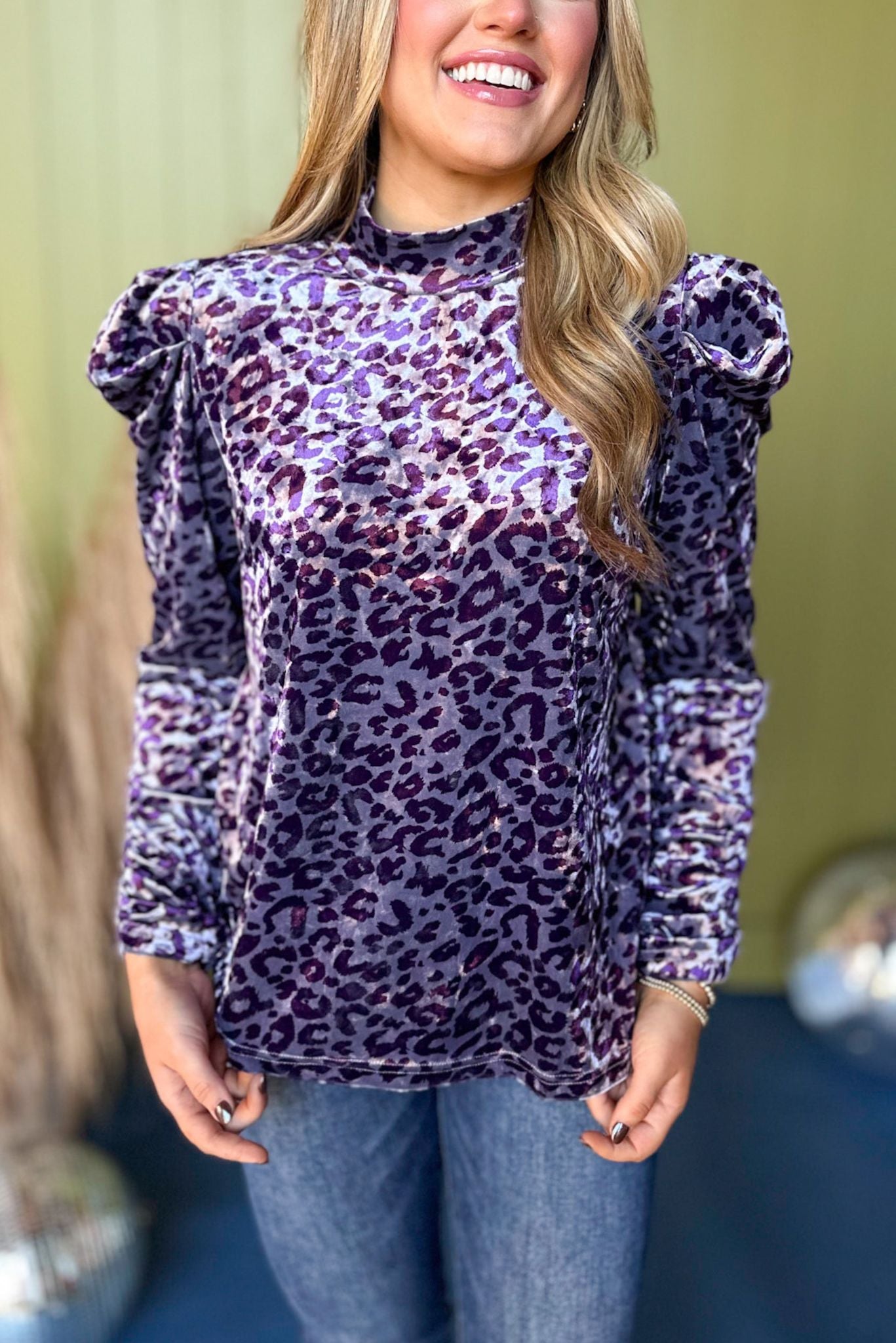 Purple Velvet Animal Printed Mock Neck Top *FINAL SALE* *Final Sale*, must have top, must have style, must have velvet, fall collection, fall fashion, elevated style, elevated top, mom style, fall style, shop style your senses by mallory fitzsimmons