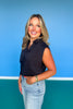 SSYS Audrey Shoulder Pad Cap Sleeve Poplin Button Down Top In Black