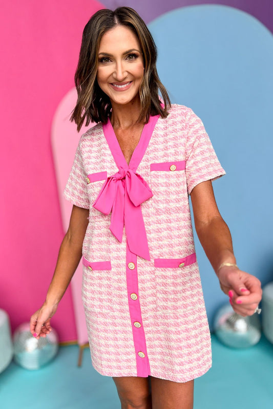 Pink V Neck Short Sleeve Contrast Ribbon Detailed Tweed Dress, tweed dress, tie detail dress, must have dress, must have style, brunch style, spring fashion, elevated style, elevated dress, mom style, shop style your senses by mallory fitzsimmons, ssys by mallory fitzsimmons