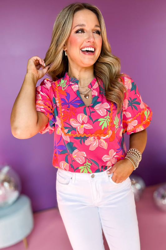 Pink Floral Printed Split Neck Wave Trim Short Sleeve Top, ric rac top, floral top, must have top, must have style, office style, spring fashion, elevated style, elevated top, mom style, work top, shop style your senses by mallory fitzsimmons, ssys by mallory fitzsimmons