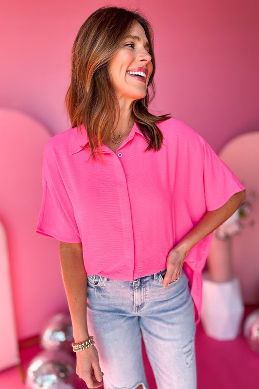 Neon Fuchsia Woven Short Sleeve Button Down High Low Top, must have top, short sleeve top, transitional top, elevated top, saturday steal, must have steal, mom style, shop style your senses by mallory fitzsimmons