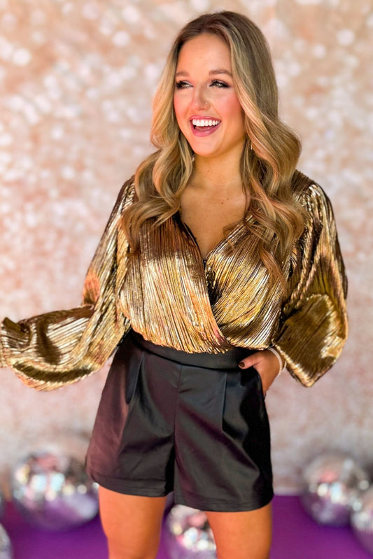 Gold Foiled Plisse V Neck Long Sleeve Bodysuit, v neck, nye outfit, sequin, must have, glam, shop style your senses by mallory fitzsimmons