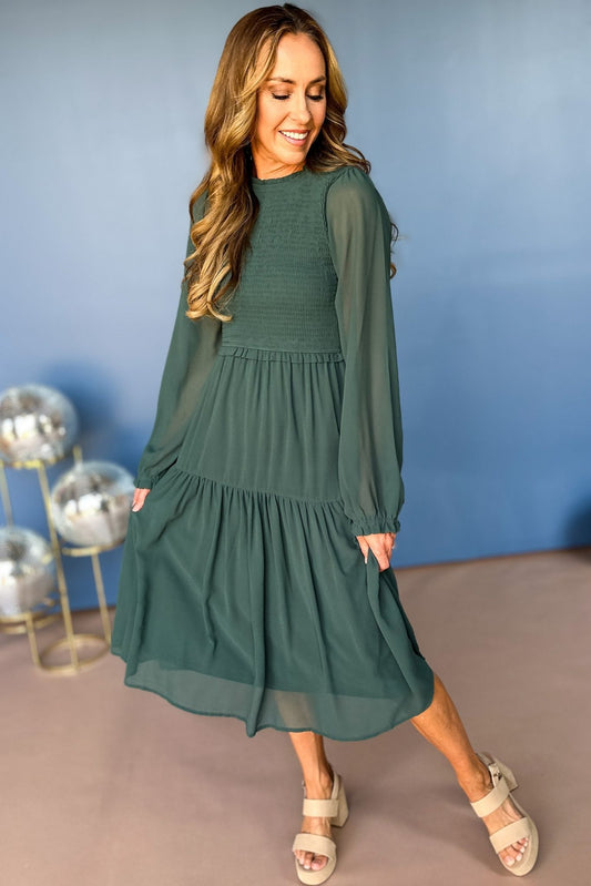 Teal Smocked Bodice Tiered Long Sleeve Midi Dress, must have dress, must have style, must have fall, fall style, fall dress, elevated style, chic style, mom style, shop style your senses by mallory fitzsimmons