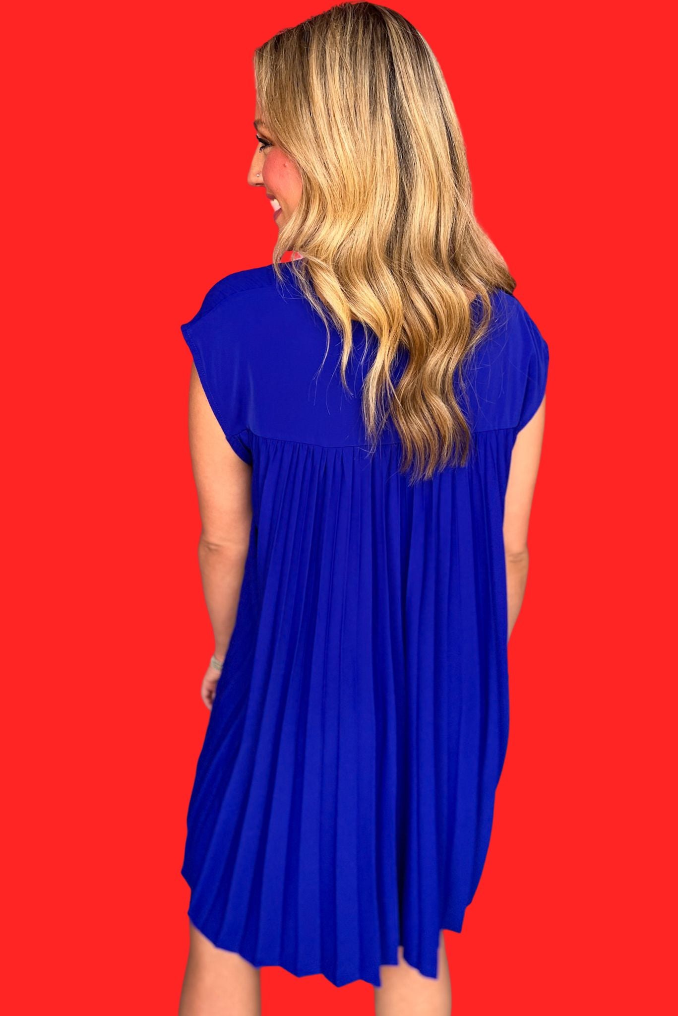 Royal Blue V Neck Back Accordion Pleat Detail Dress, dress, v neck dress, pleated detail dress, red dress, red v neck dress, red pleated detail dress, must have dress, elevated dress, elevated style, summer dress, summer style, Shop Style Your Senses by Mallory Fitzsimmons, SSYS by Mallory Fitzsimmons