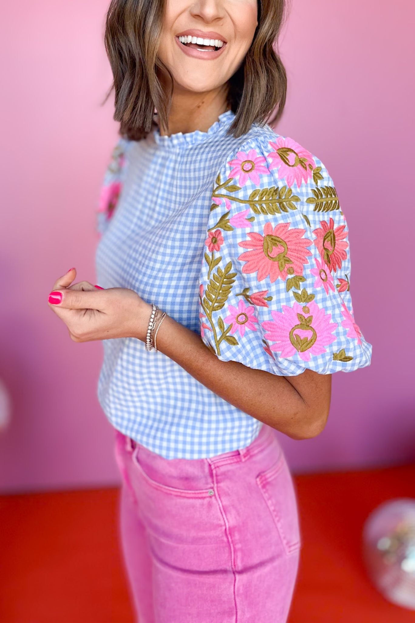 THML Blue Gingham Embroidered Frill Neck Puff Sleeve Top, coming soon, thml top, must have top, must have style, office style, spring fashion, elevated style, elevated top, mom style, work top, shop style your senses by mallory fitzsimmons, ssys by mallory fitzsimmons