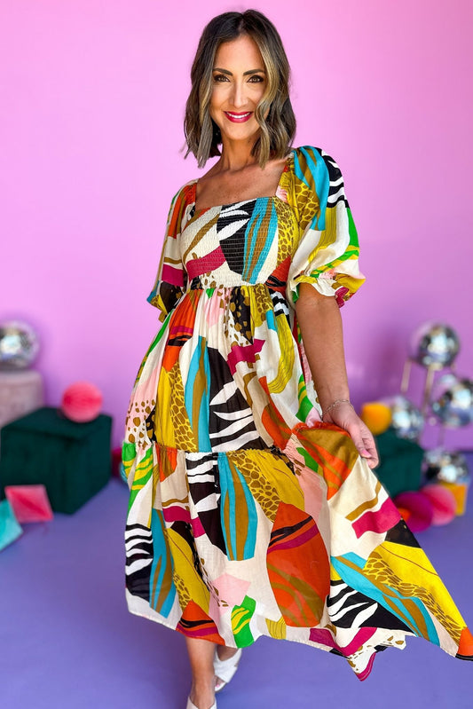 Multi Abstract Printed Smocked Bodice Puff Sleeved Midi Dress, midi dress, resort wear, spring style, smocked bodice, puff sleeve, shop style your senses by mallory fitzsimmons