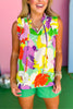 Purple Multi Print Frill V Neck Tie Tassel Ruffle Shoulder Sleeveless Top, floral top, tropical top, must have top, must have style, summer style, spring fashion, elevated style, elevated top, mom style, shop style your senses by mallory fitzsimmons, ssys by mallory fitzsimmons  Edit alt text