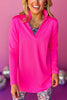 SSYS Hot Pink Long Sleeve Frill V Neck Active Top, must have top, must have athleisure, elevated style, elevated athleisure, mom style, active style, active wear, fall athleisure, fall style, comfortable style, elevated comfort, shop style your senses by mallory fitzsimmons