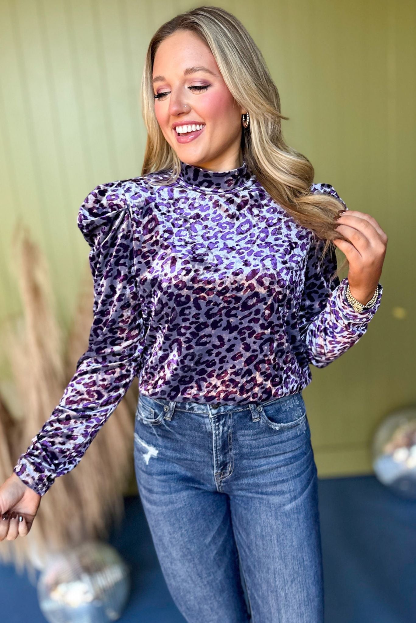 Purple Velvet Animal Printed Mock Neck Top *FINAL SALE* *Final Sale*, must have top, must have style, must have velvet, fall collection, fall fashion, elevated style, elevated top, mom style, fall style, shop style your senses by mallory fitzsimmons