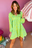 Lime Green Two Tone Abstract Printed Collared Tiered Long Sleeve Dress, must have dress, vacation dress, summer dress, elevated dress, summer style, vacation style, Cabo collection shop style your senses by mallory fitzsimmons
