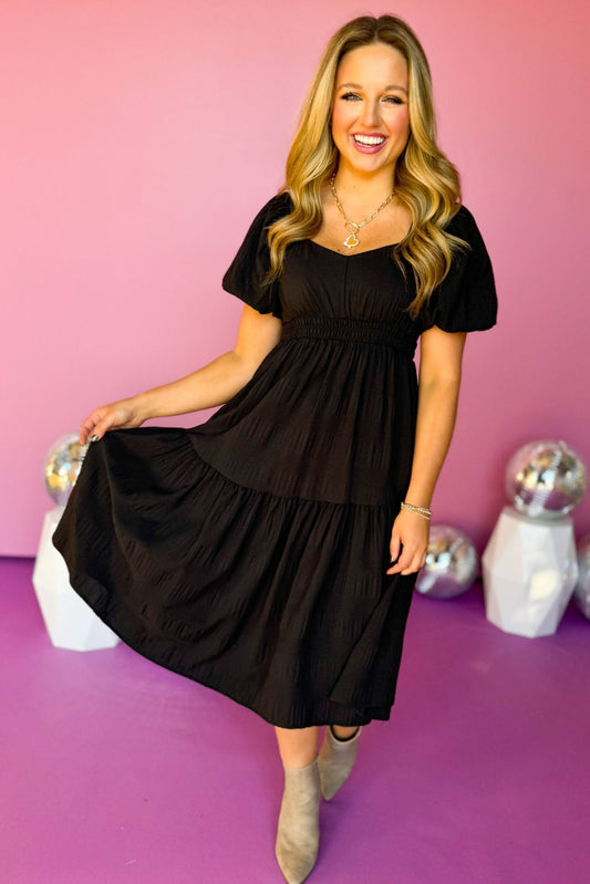  Black Textured Smocked Waist Puff Sleeve Tiered Dress, must have dress, must have style, fall style, fall fashion, elevated style, elevated dress, mom style, fall collection, fall dress, shop style your senses by mallory fitzsimmons