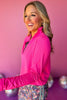 SSYS Hot Pink Long Sleeve Frill V Neck Active Top, must have top, must have athleisure, elevated style, elevated athleisure, mom style, active style, active wear, fall athleisure, fall style, comfortable style, elevated comfort, shop style your senses by mallory fitzsimmons