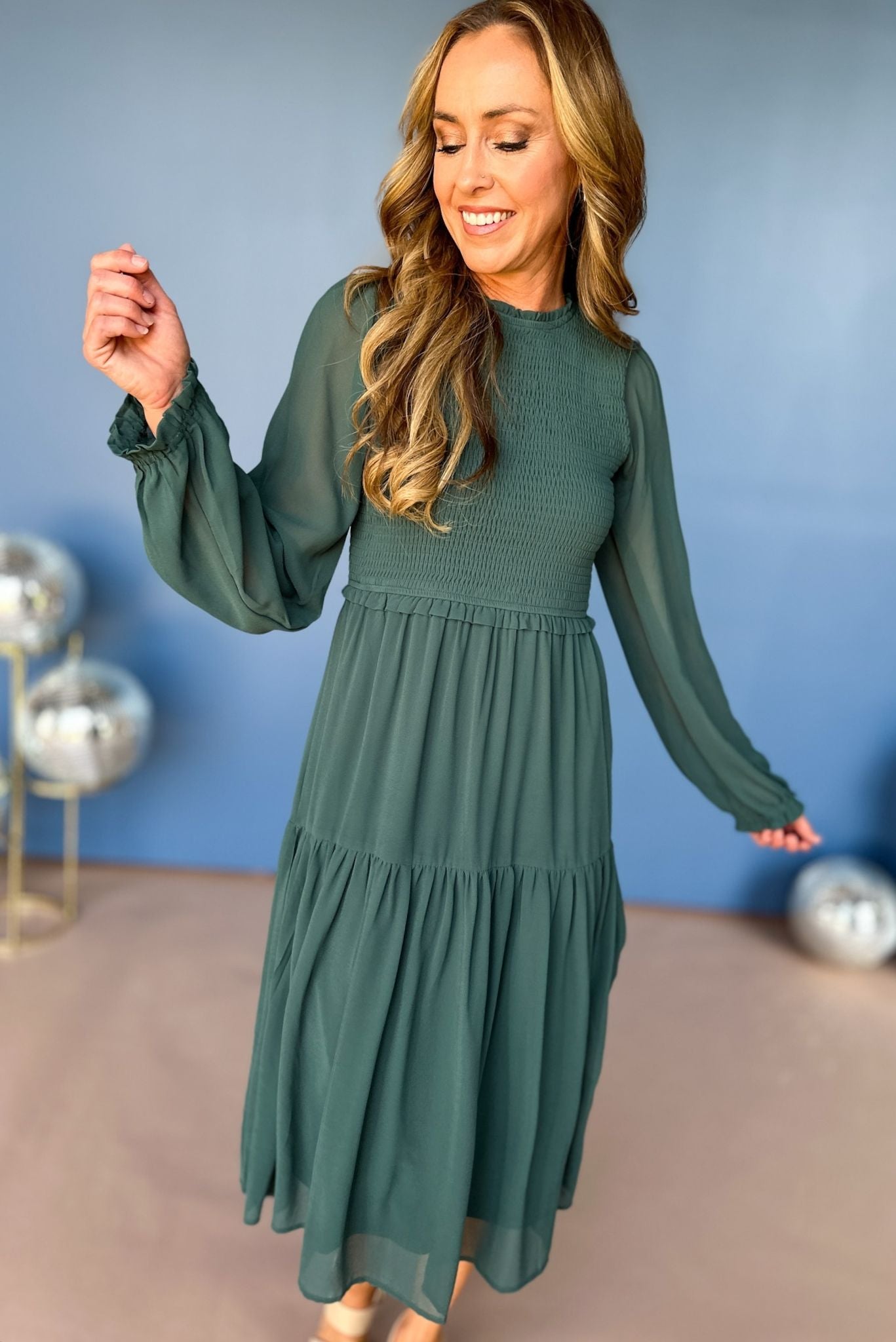 Teal Smocked Bodice Tiered Long Sleeve Midi Dress, must have dress, must have style, must have fall, fall style, fall dress, elevated style, chic style, mom style, shop style your senses by mallory fitzsimmons