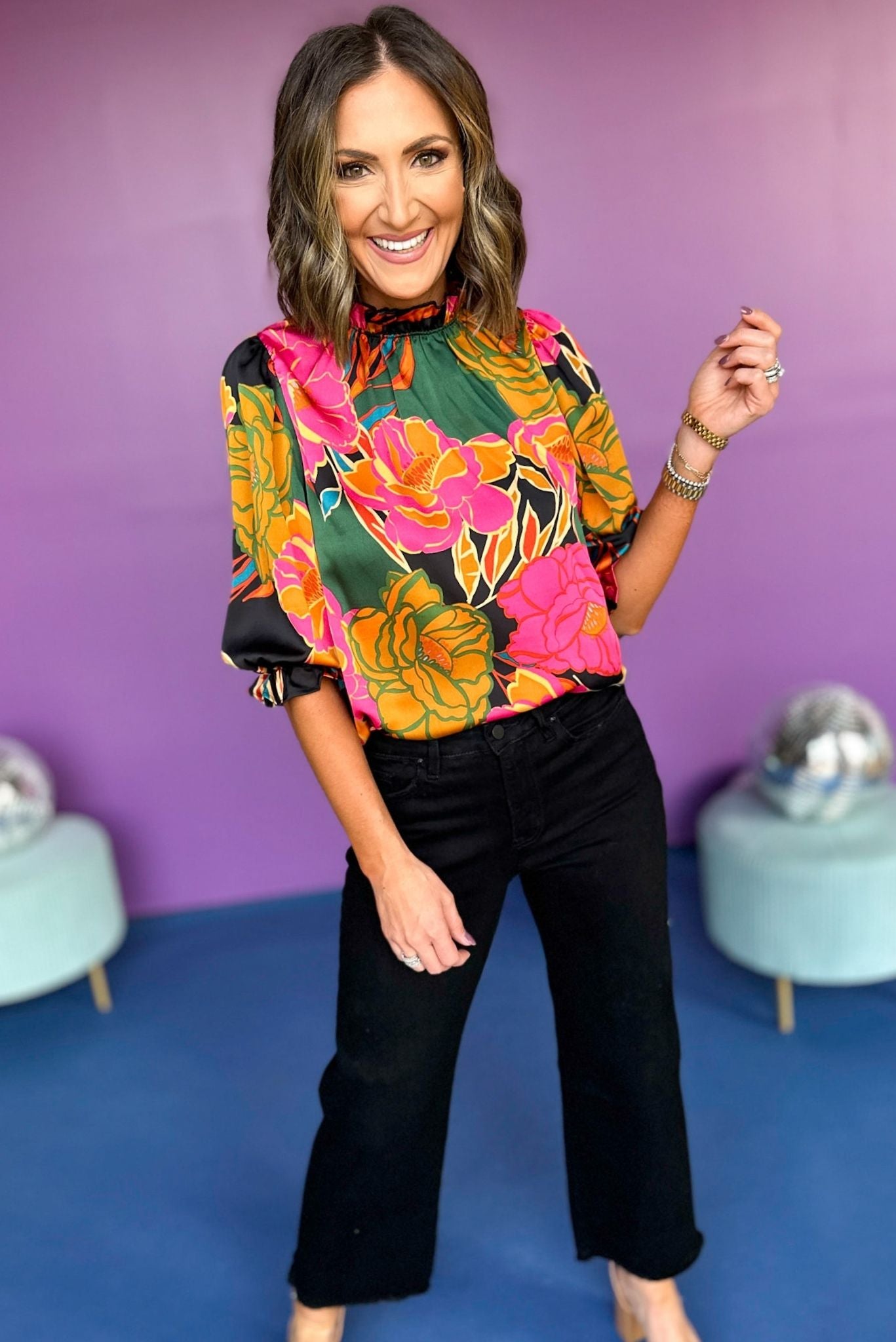 Black Floral Printed Frilled Mock Neck Top, must have top, must have style, must have fall, fall collection, fall fashion, elevated style, elevated top, mom style, fall style, shop style your senses by mallory fitzsimmons