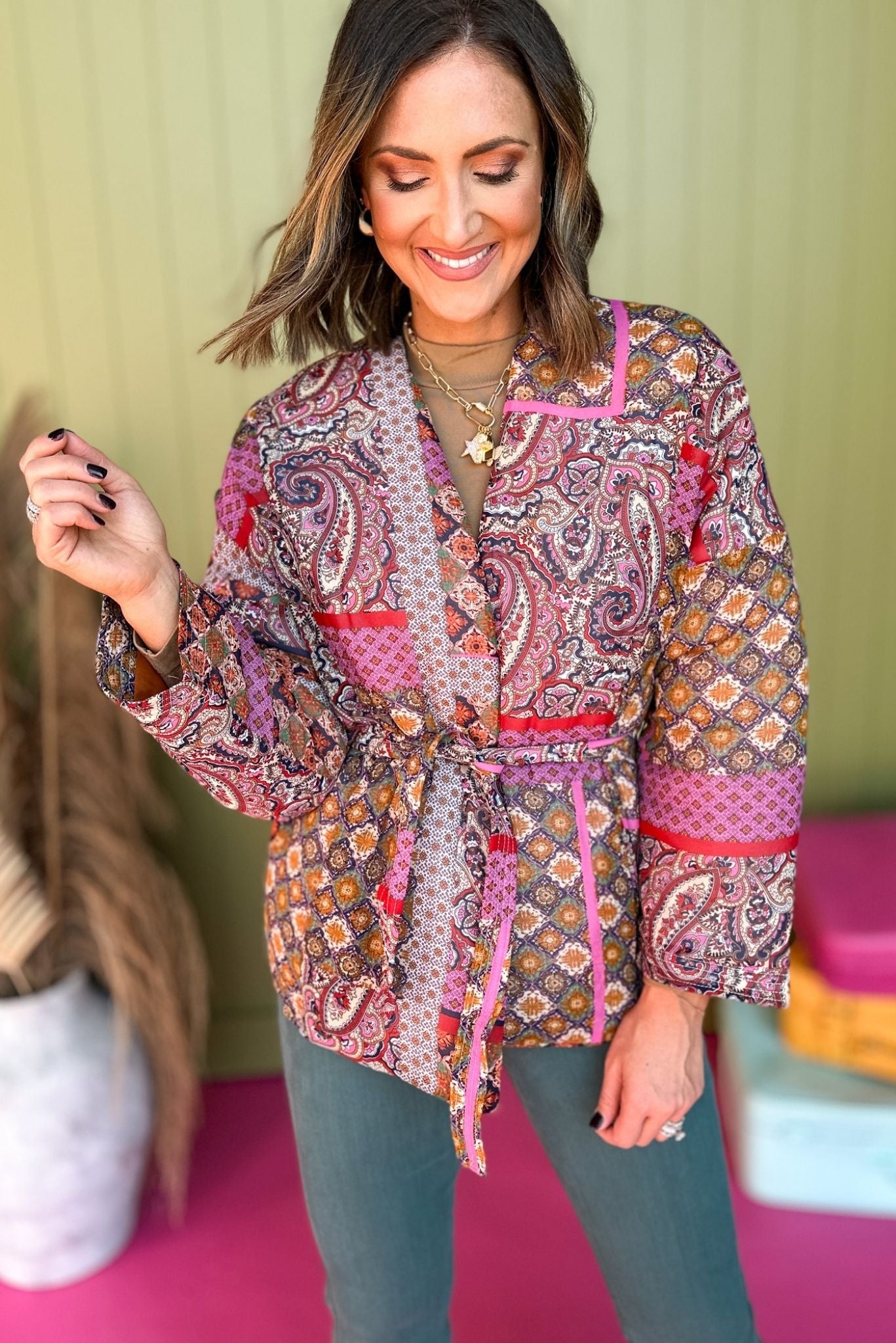 Molly Bracken Fuchsia Paisley Printed Tie Waist Long Sleeve Jacket, must have jacket, must have style, must have print, fall fashion, fall jacket, affordable fashion, elevated style, elevated jacket, elevated print, mom style, shop style your senses by mallory fitzsimmons