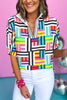 emily mccarthy multi printed split neck top, unique piece, summer must have, elevated quality, mom style, summer colors, fun pattern, bright colors, shop style your senses by mallory fitzsimmons