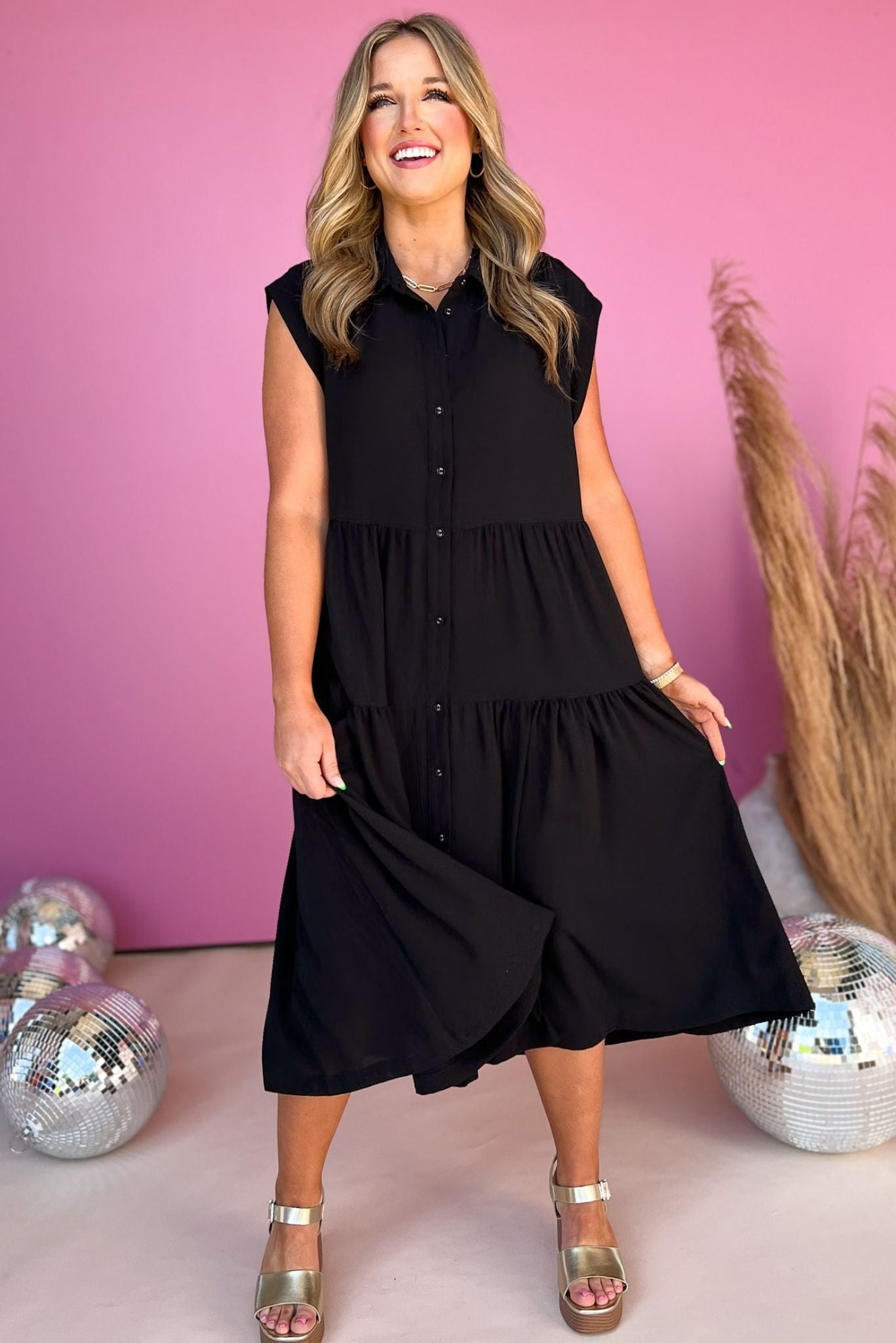Black Textured Collared Button Down Sleeveless Midi Dress, must have dress, must have style, concert style, spring fashion, elevated style, elevated dress, mom style, shop style your senses by mallory fitzsimmons, ssys by mallory fitzsimmons