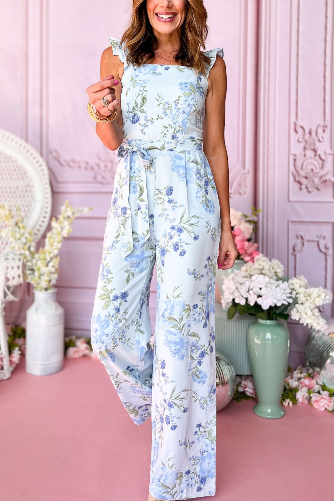 Blue Floral Square Neck Sleeveless Ruffle Jumpsuit, Floral jumpsuit, spring jumpsuit, church jumpsuit, spring style, church style, elevated style, mom style, shop style your senses by mallory fitzsimmons, ssys by mallory fitzsimmons