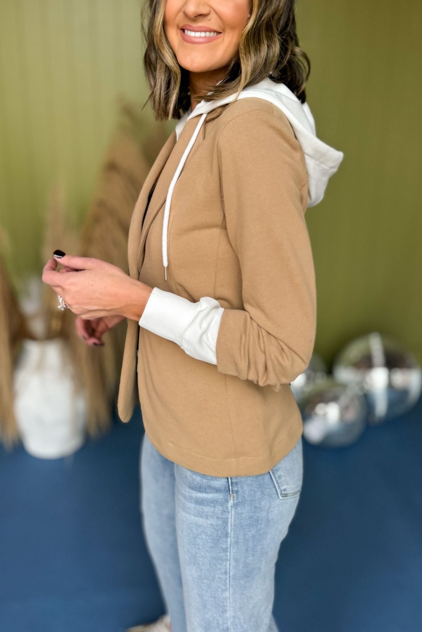 Risen Brown Terry Hooded Blazer, must have top, must have style, fall style, fall fashion, elevated style, elevated top, mom style, fall collection, fall dress, shop style your senses by mallory fitzsimmons