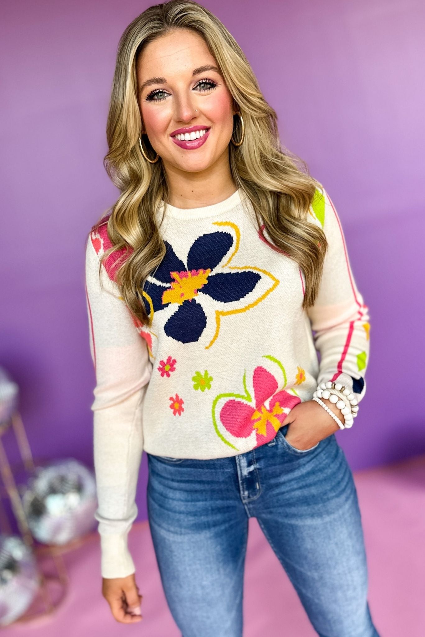  THML Cream Floral Printed Long Sleeve Sweater, elevated style, elevated sweater, must habe swetaer, must have print, mom style, fun mom style, fun mom sweater, fall style, fall sweater, shop style your senses by mallory fitzsimmons