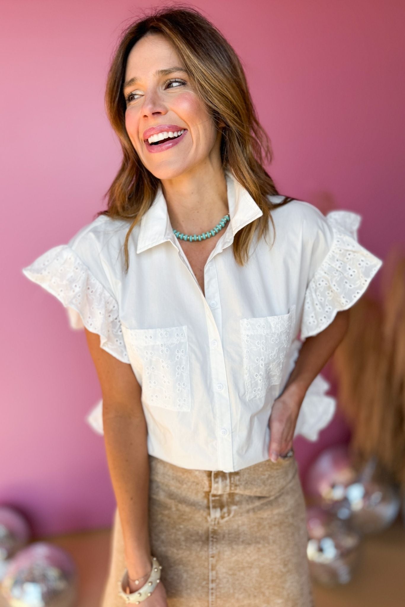 Off White Eyelet Front Pocket Ruffle Sleeve Top, Western top, western style, rodeo style, concert style, must have concert, must have style, elevated top, elevated style, spring style, mom style, shop style your senses by Mallory Fitzsimmons, says by Mallory Fitzsimmons