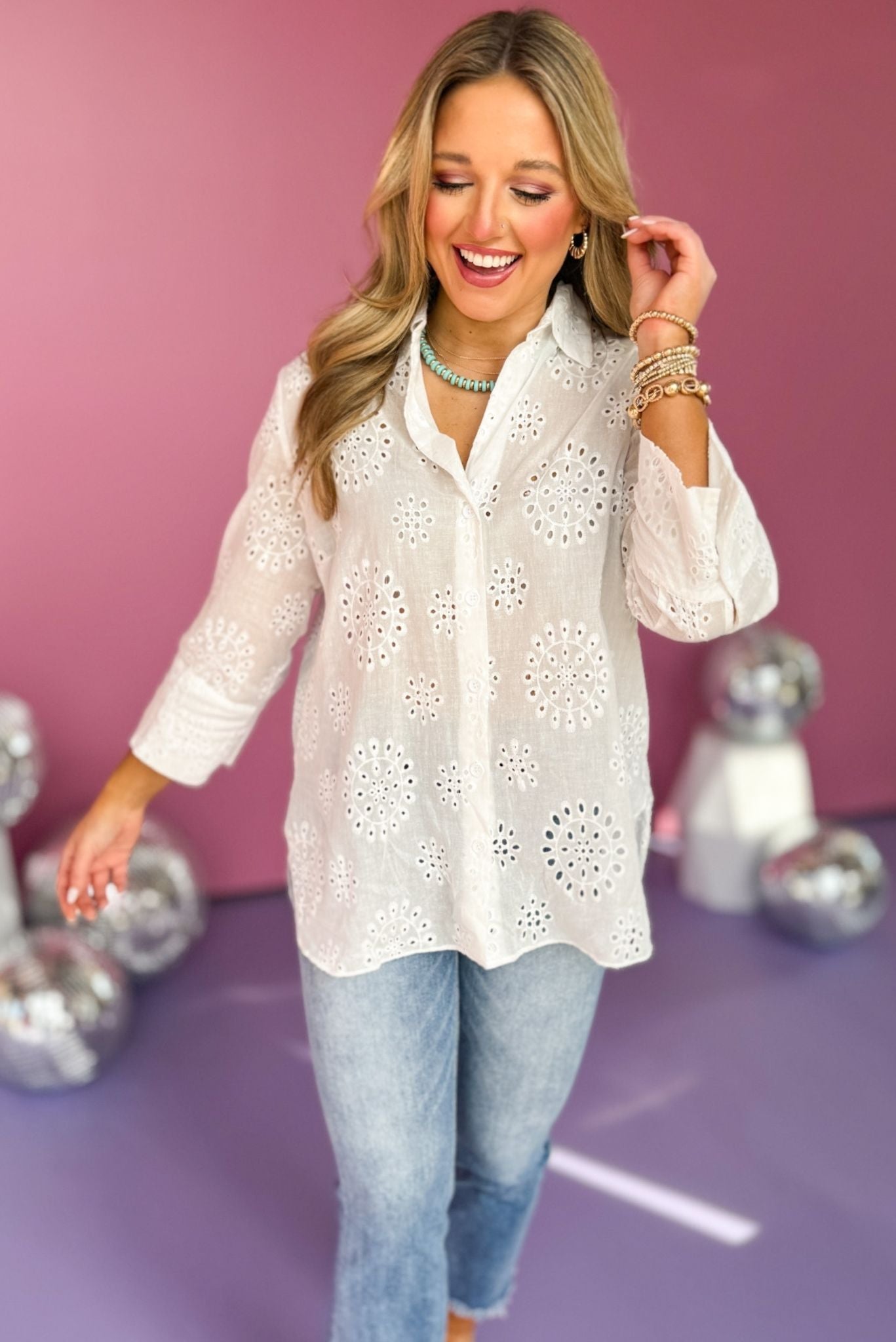 Off White Eyelet Button Front Long Sleeve Top, must have top, must have style, office style, spring fashion, elevated style, elevated top, mom style, work top, shop style your senses by mallory fitzsimmons, ssys by mallory fitzsimmons